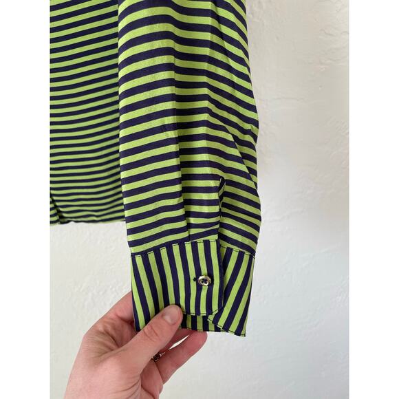 Banana Republic Oversized Stripped Button Up Silk LS Blouse Corporate Goth Green - Picture 3 of 6